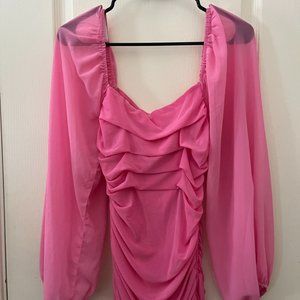 Lucy in the Skye Ruched Pink Dress with Billow Sleeves